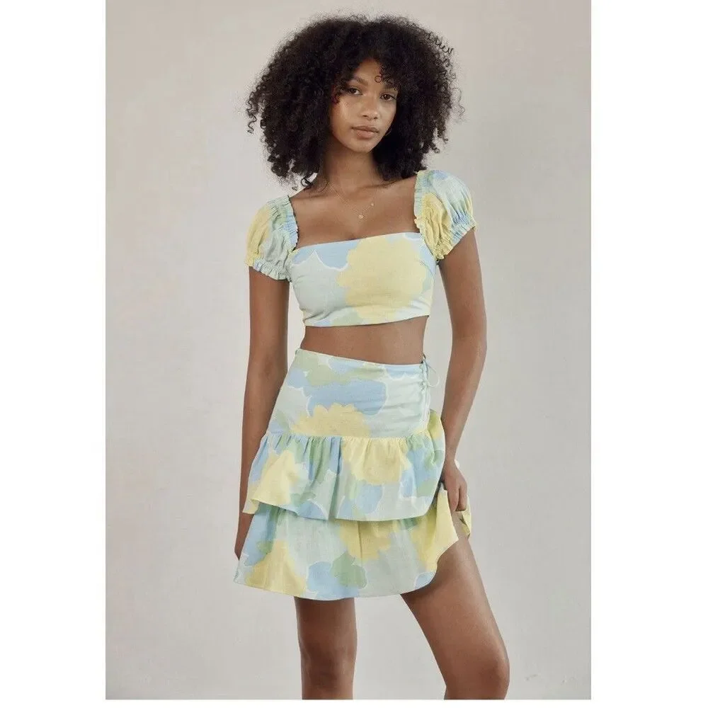 SABO SKIRT Jamila Floral Two Piece Set US 2 Puff Sleeve Crop Top Mini Skirt